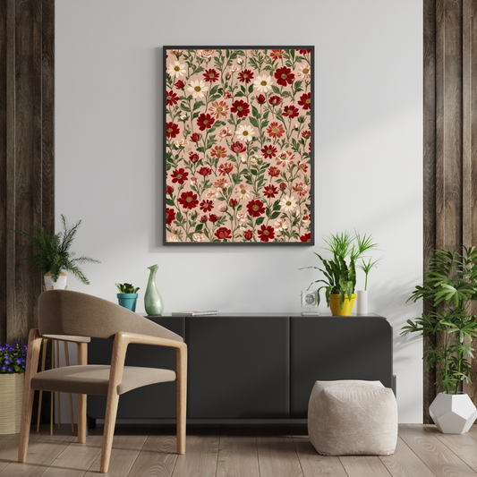 Crimson Meadow Floral Wall Poster | Vintage Botanical Pattern Art Print by Chilekotha