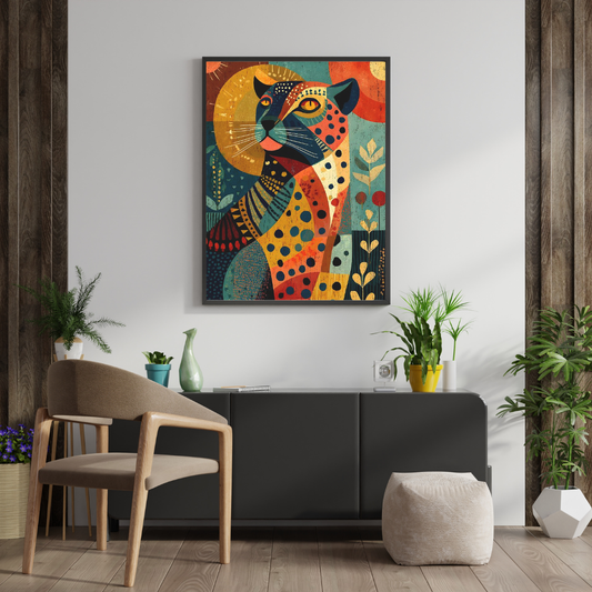 Sacred Leopard Geometry Wall Poster – Modern Tribal Animal Art with Earthy Tones | Chilekotha