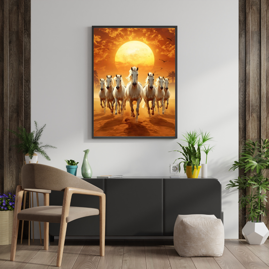 Golden Charge Wall Poster – White Horses at Sunset Power Art | Chilekotha