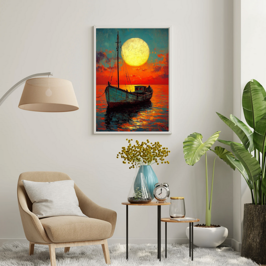 Moonlit Voyage – Serene Boat at Sunset Framed Wall Poster | Chilekotha