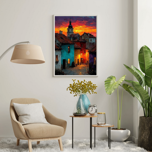 Sunset Streetscape – Colorful Cityscape Framed Wall Poster | Chilekotha