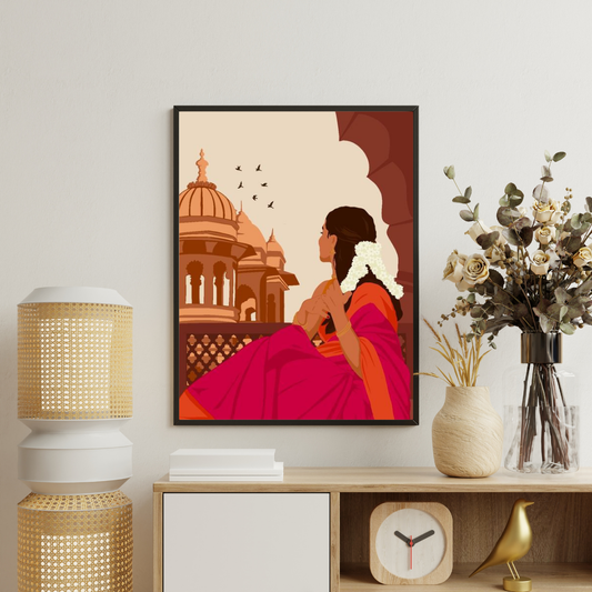 Heritage Reverie Framed Poster | Indian Woman & Palace Art by Chilekotha