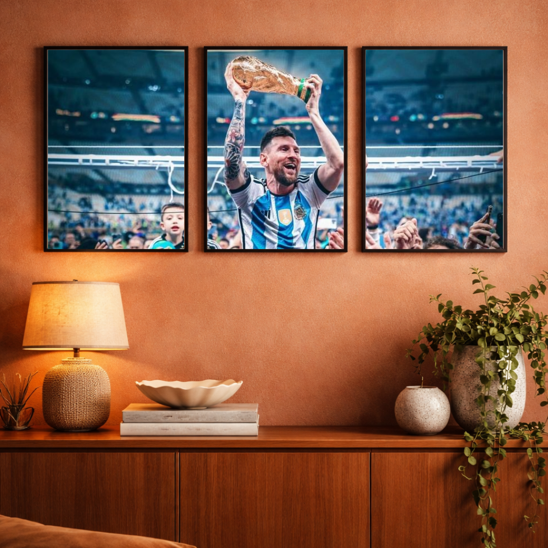 Lionel Messi “World Champion Glory” Triptych Framed Poster – Iconic Football Wall Art (3-Panel Set)