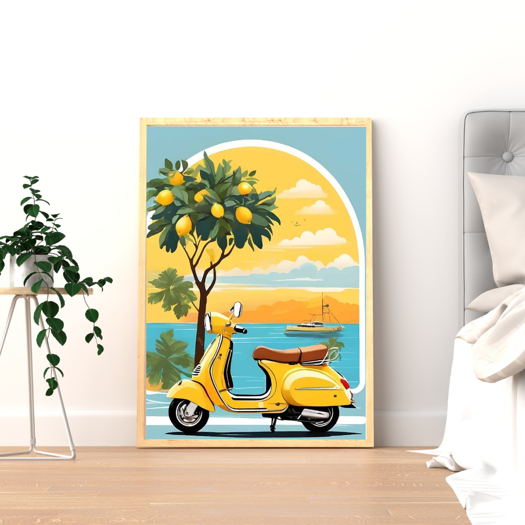 Sunlit Coastal Ride Wall Poster | Vintage Scooter & Lemon Tree Art Print by Chilekotha