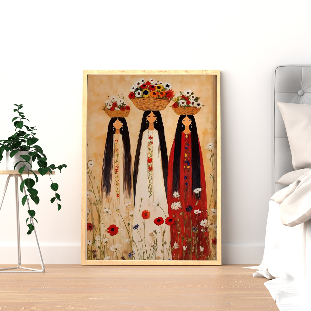 Floral Sisters – Folk Art Inspired Women Framed Wall Poster | Chilekotha