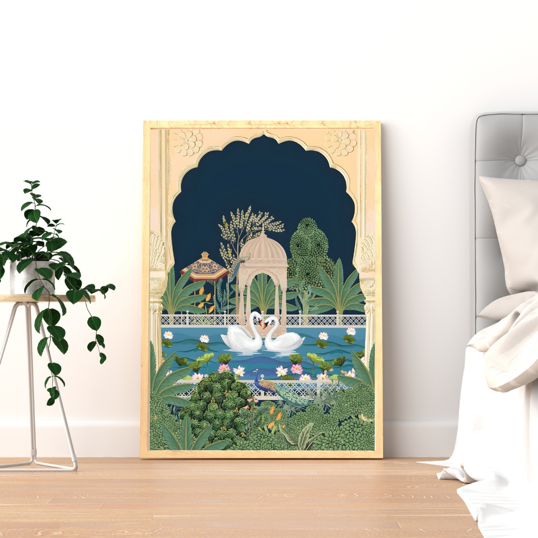 Eternal Garden of Swans Wall Poster | Royal Palace Serenity Art Print by Chilekotha