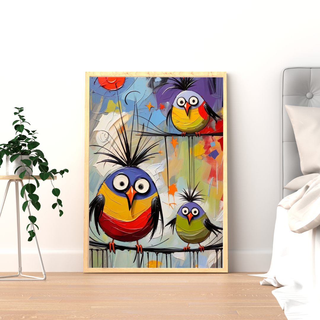 Whimsical Bird Trio Wall Poster – Playful Abstract Colorful Art for Happy Spaces | Chilekotha