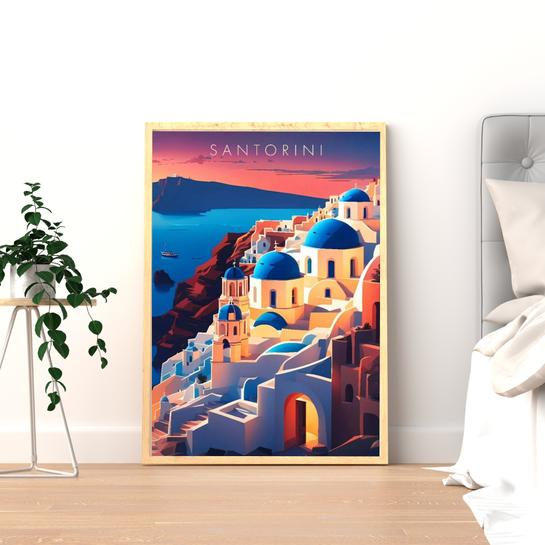 Santorini Sunset Cliffside Wall Poster | Mediterranean Travel Art Print by Chilekotha