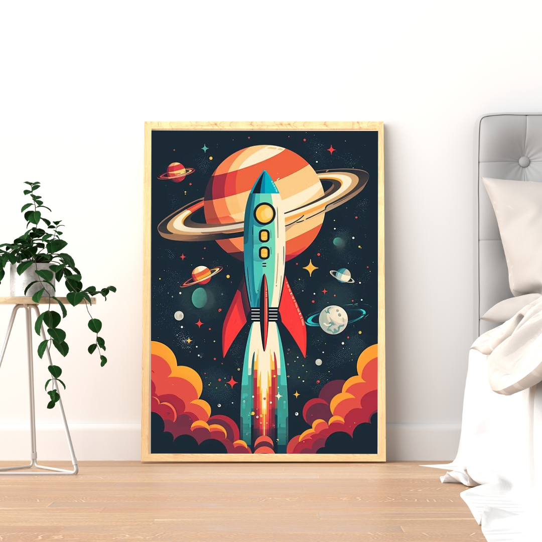Cosmic Lift-Off Framed Poster – Retro Rocket Space Wall Art