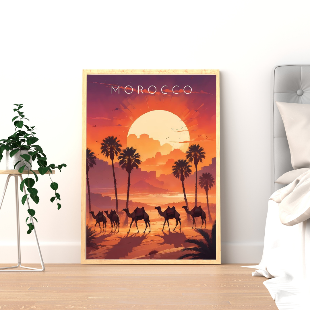 Morocco Desert Sunset Wall Poster | Camel Caravan & Palm Oasis Travel Art by Chilekotha