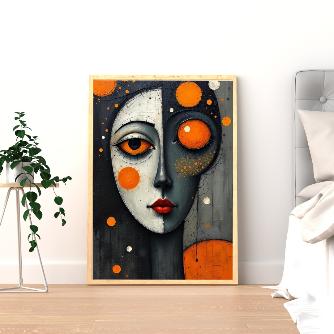 Duality of Silence Wall Poster – Abstract Surreal Face Art with Orange Accents | Chilekotha
