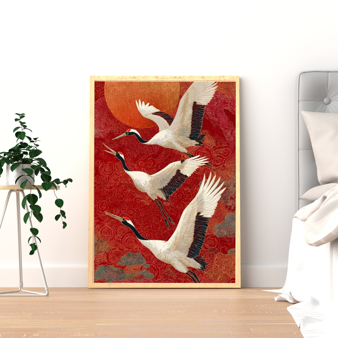 Crimson Flight Wall Poster | Graceful Cranes & Rising Sun Art Print by Chilekotha