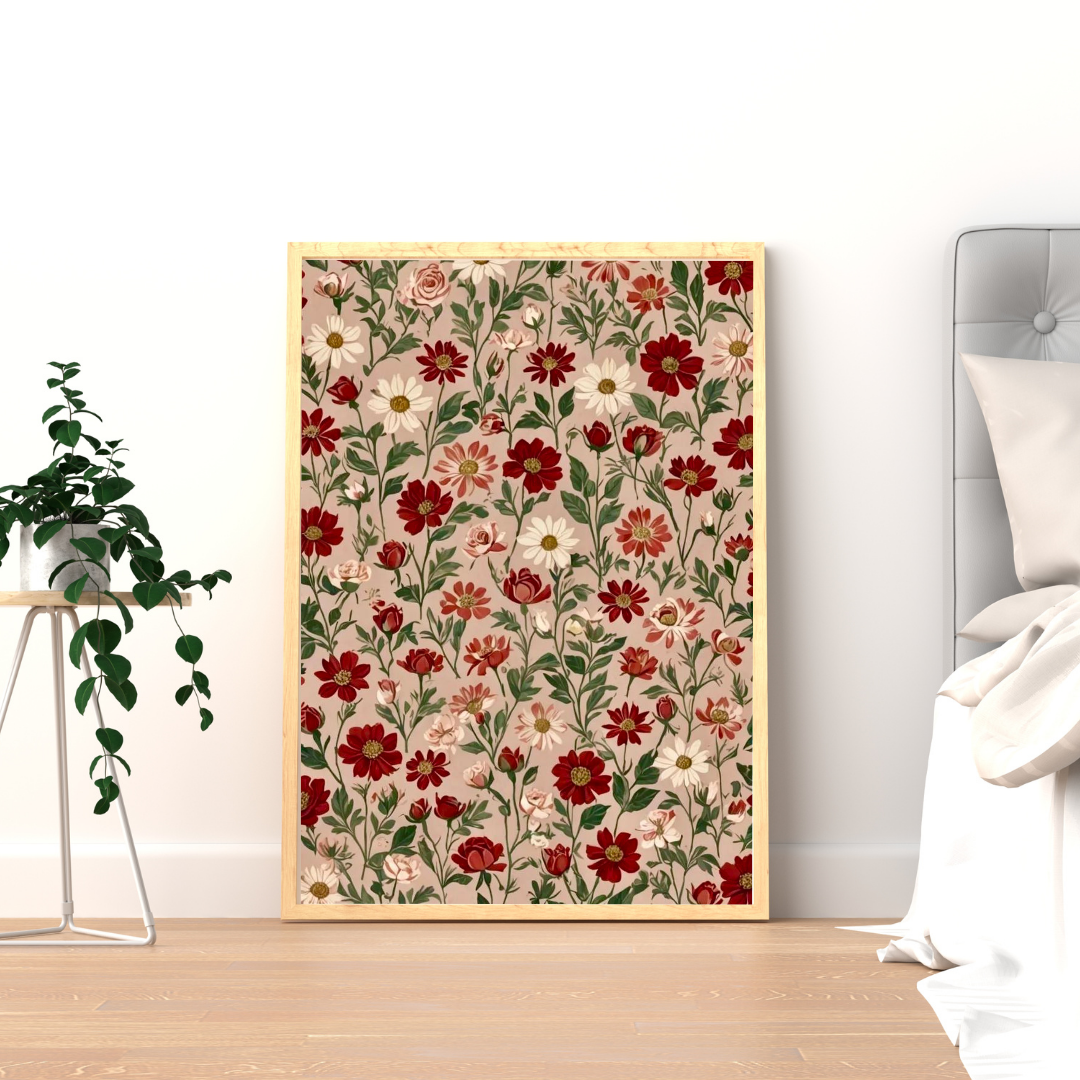 Crimson Meadow Floral Wall Poster | Vintage Botanical Pattern Art Print by Chilekotha