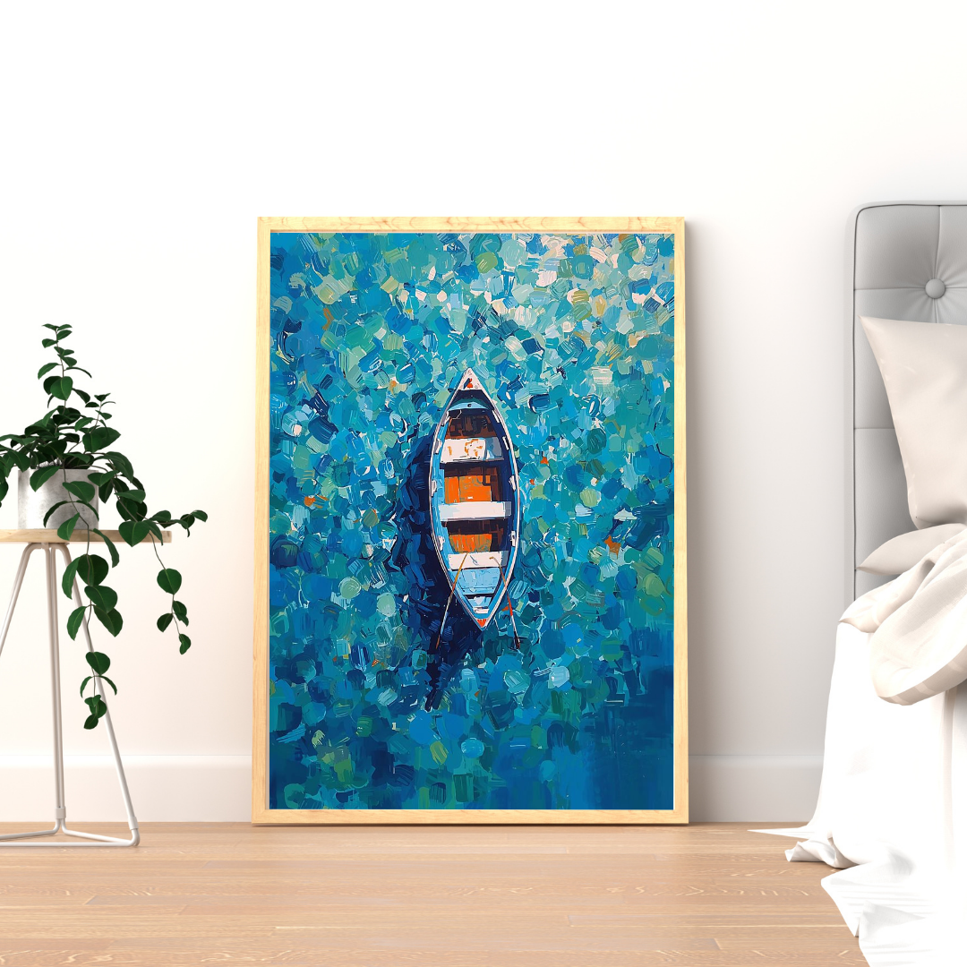 Still Waters Framed Poster – Serene Boat Art for Calm Interiors