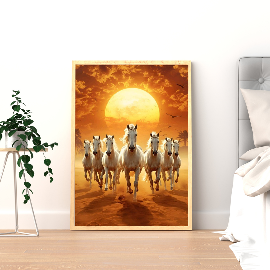 Golden Charge Wall Poster – White Horses at Sunset Power Art | Chilekotha