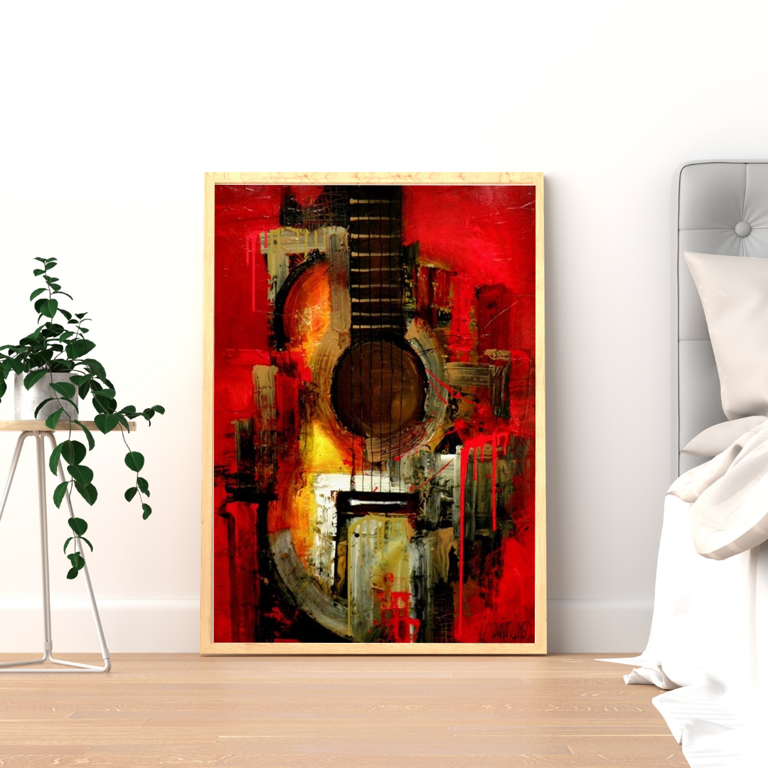 Crimson Strings – Abstract Guitar Art Framed Poster | Chilekotha