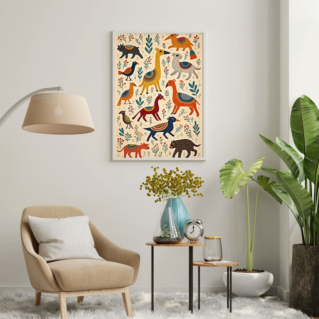 Whimsical Folk Animals Framed Poster | Handcrafted-Inspired Wall Art by Chilekotha