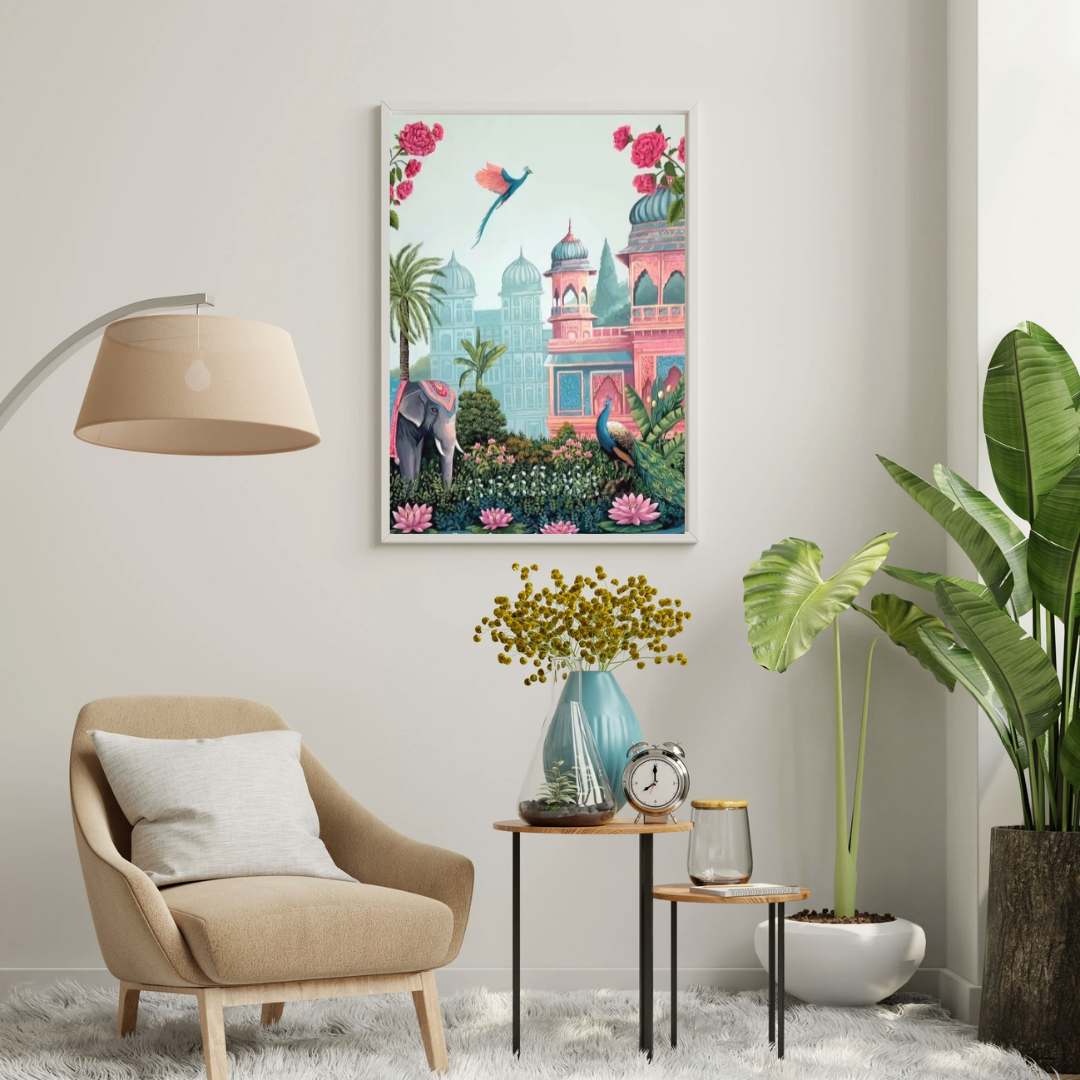 Palace Garden Reverie Framed Poster | Indian Heritage Wall Art by Chilekotha