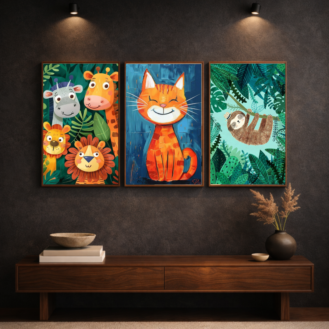 Whimsical Jungle Friends – Kids Wall Art Framed Poster Set (3-Piece Combo)