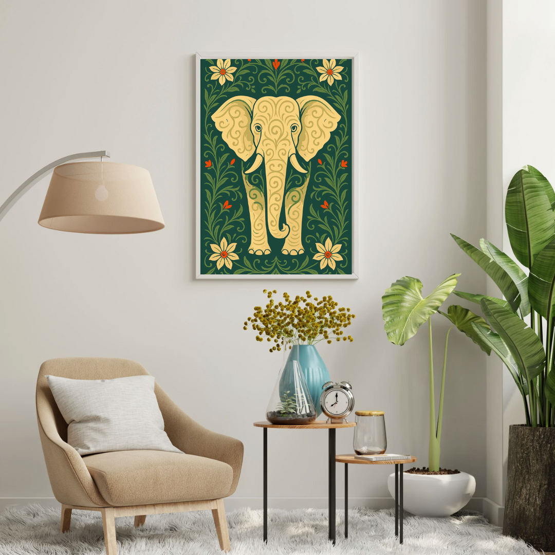 Sacred Elephant Folk Art Framed Poster | Symbol of Wisdom & Prosperity by Chilekotha