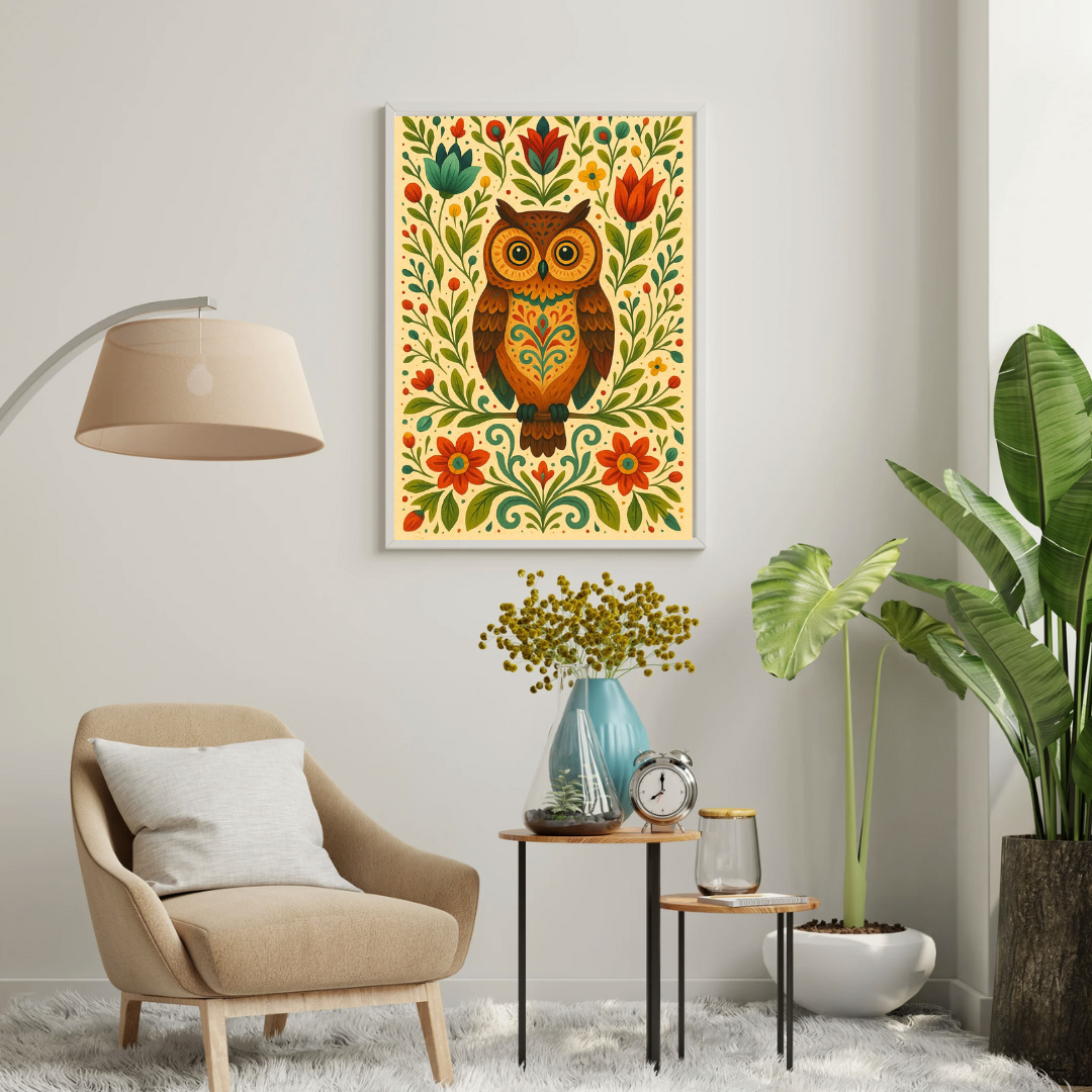 Folk Owl Garden Framed Poster | Symbol of Wisdom & Harmony by Chilekotha