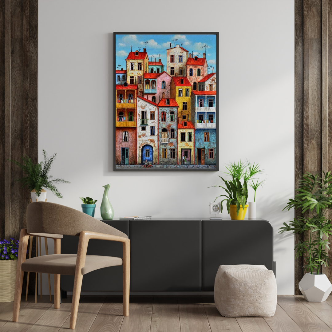 Sunlit Facades – Colorful European Cityscape Framed Wall Poster | Chilekotha