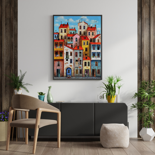 Sunlit Facades – Colorful European Cityscape Framed Wall Poster | Chilekotha