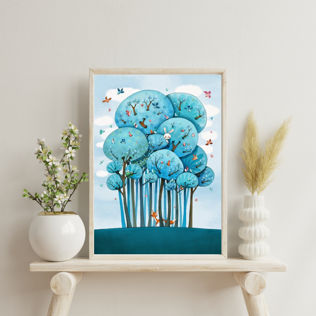 Enchanted Blue Forest Framed Poster | Whimsical Nature Art Wall Décor by Chilekotha