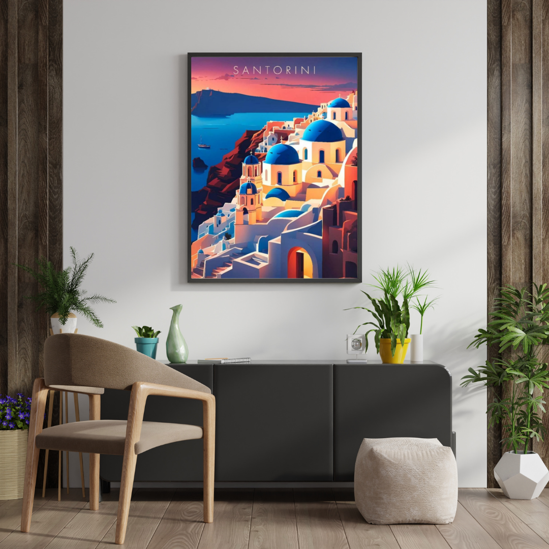 Santorini Sunset Cliffside Wall Poster | Mediterranean Travel Art Print by Chilekotha