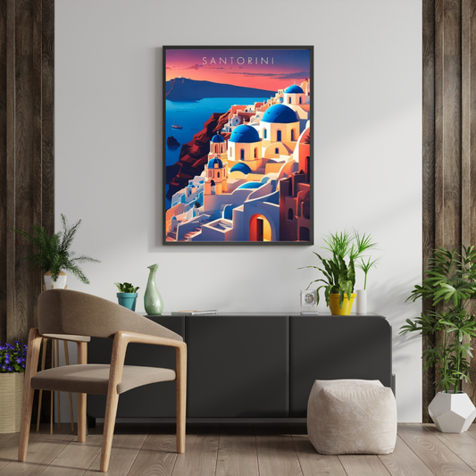 Santorini Sunset Cliffside Wall Poster | Mediterranean Travel Art Print by Chilekotha