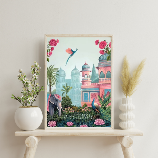 Palace Garden Reverie Framed Poster | Indian Heritage Wall Art by Chilekotha