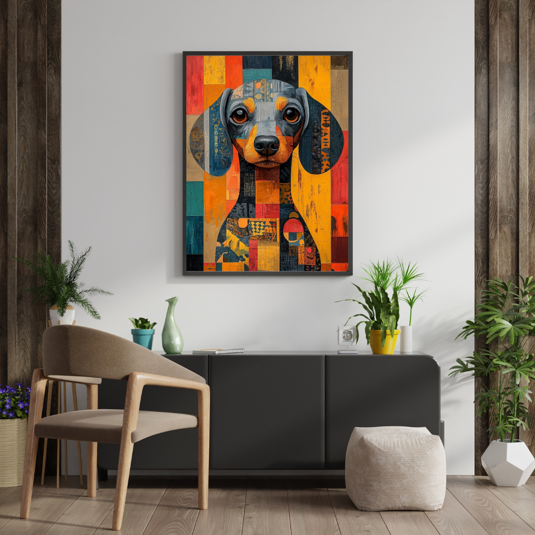 Geometric Dachshund Wall Poster – Modern Abstract Dog Art with Warm Tones | Chilekotha