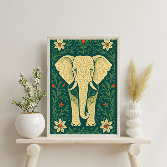 Sacred Elephant Folk Art Framed Poster | Symbol of Wisdom & Prosperity by Chilekotha