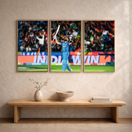 Virat Kohli “Triumph of the King” Triptych Framed Poster – Iconic Cricket Celebration Wall Art (3-Panel Set)