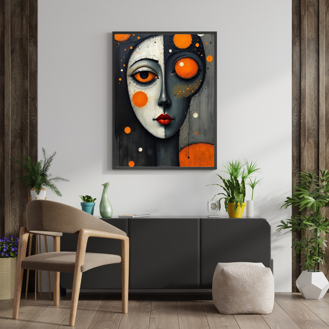 Duality of Silence Wall Poster – Abstract Surreal Face Art with Orange Accents | Chilekotha