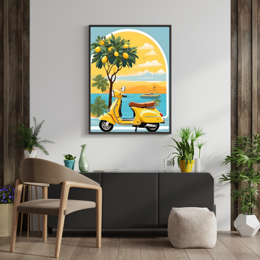 Sunlit Coastal Ride Wall Poster | Vintage Scooter & Lemon Tree Art Print by Chilekotha