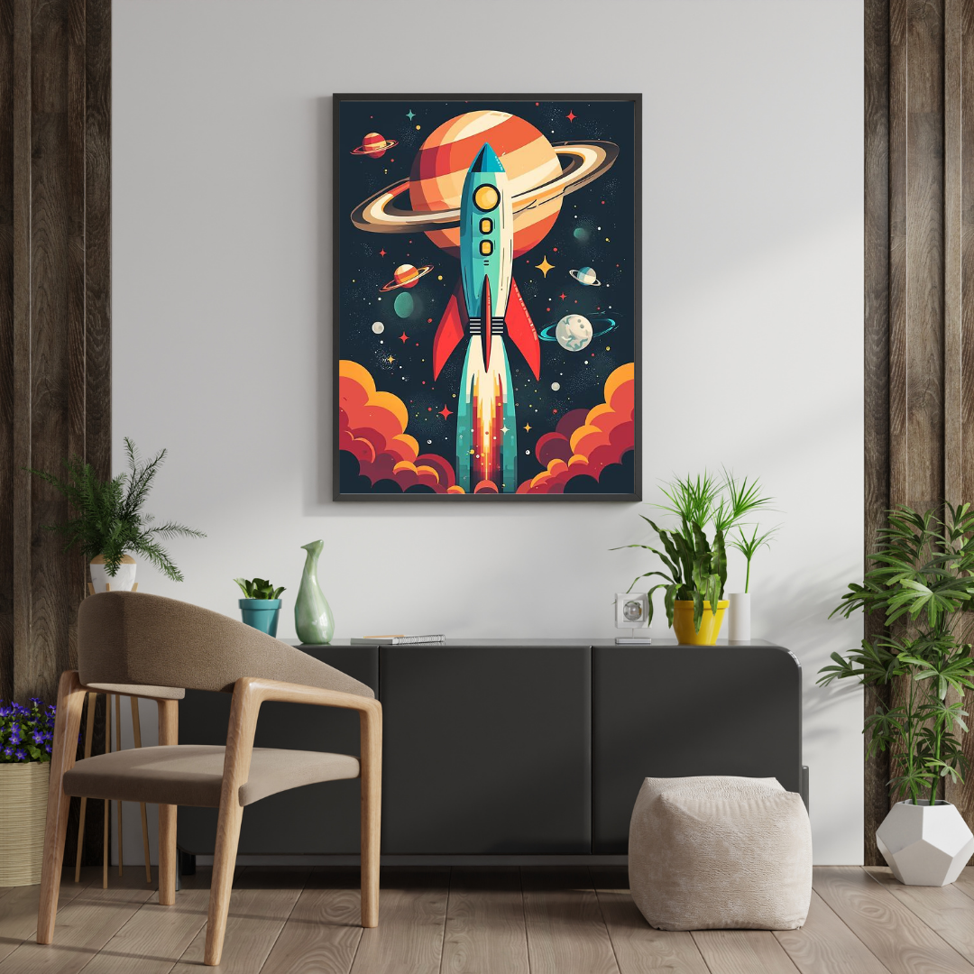 Cosmic Lift-Off Framed Poster – Retro Rocket Space Wall Art