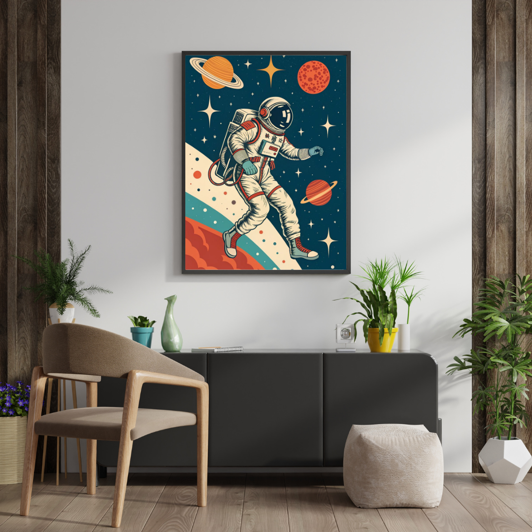 Cosmic Explorer Framed Poster – Retro Astronaut Space Wall Art