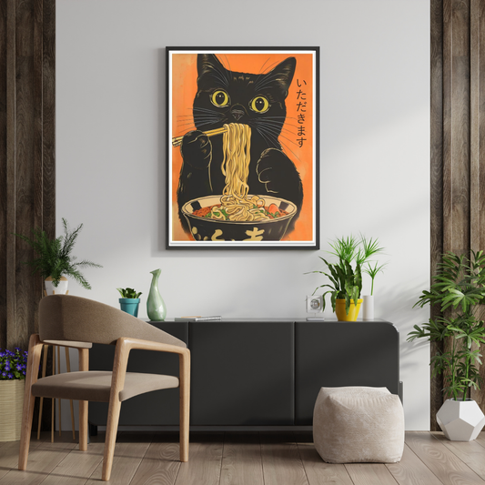 Midnight Noodles – Whimsical Cat Ramen Wall Poster