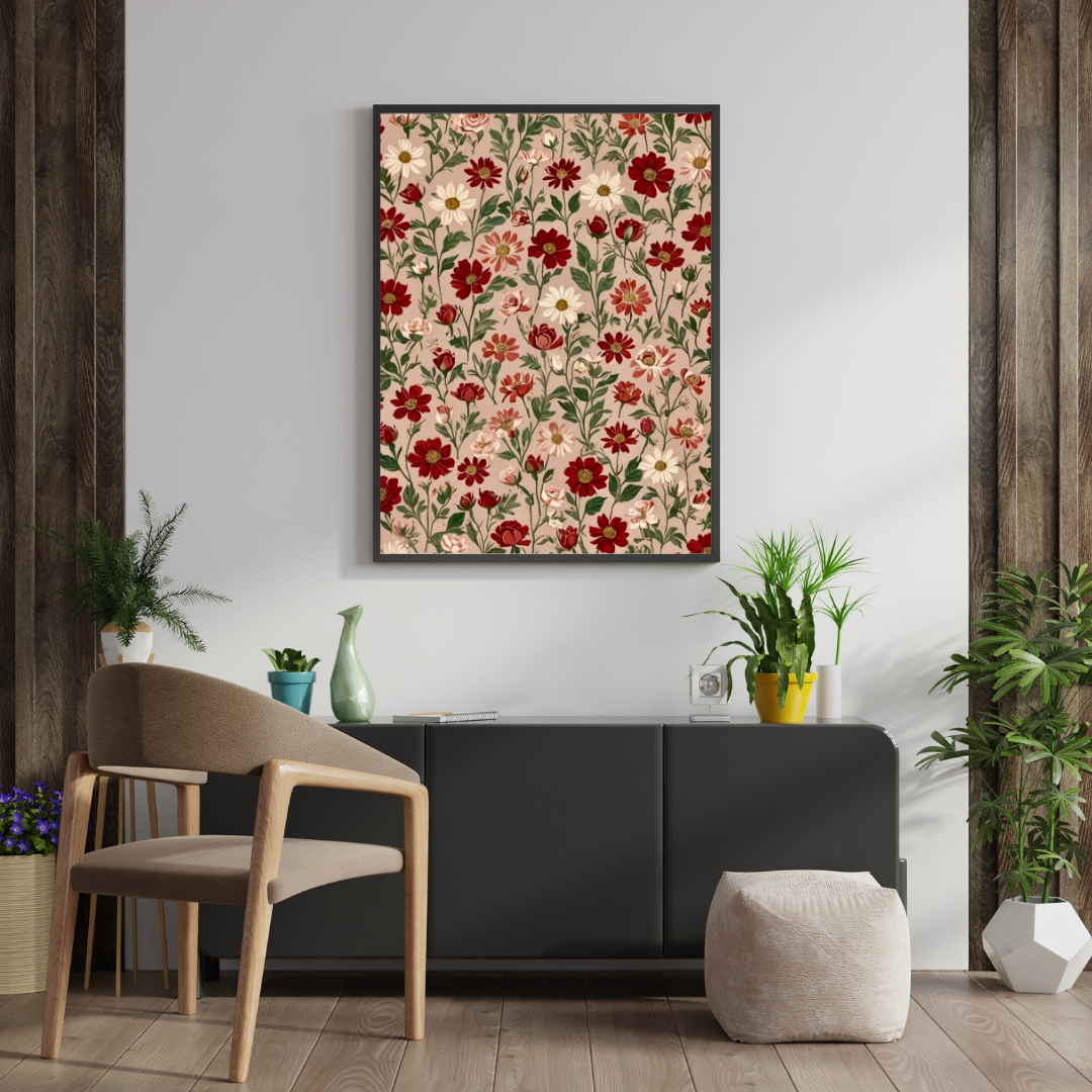 Crimson Meadow Floral Wall Poster | Vintage Botanical Pattern Art Print by Chilekotha