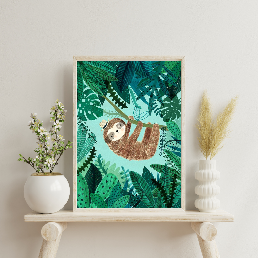Sleepy Sloth in the Jungle Framed Poster | Whimsical Kids Wall Art by Chilekotha