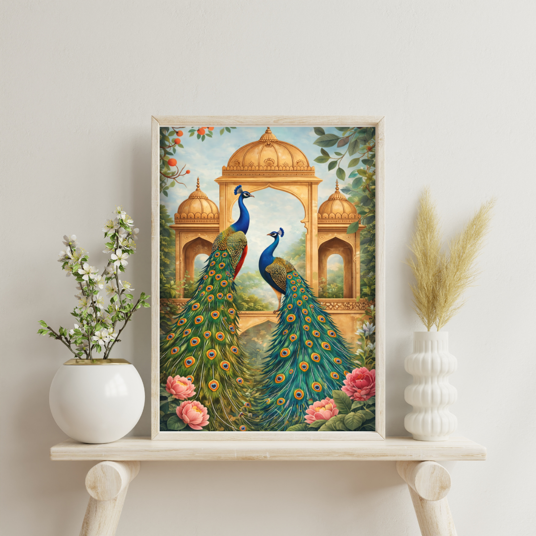 Royal Peacock Court Framed Poster | Indian Palace Wall Art by Chilekotha