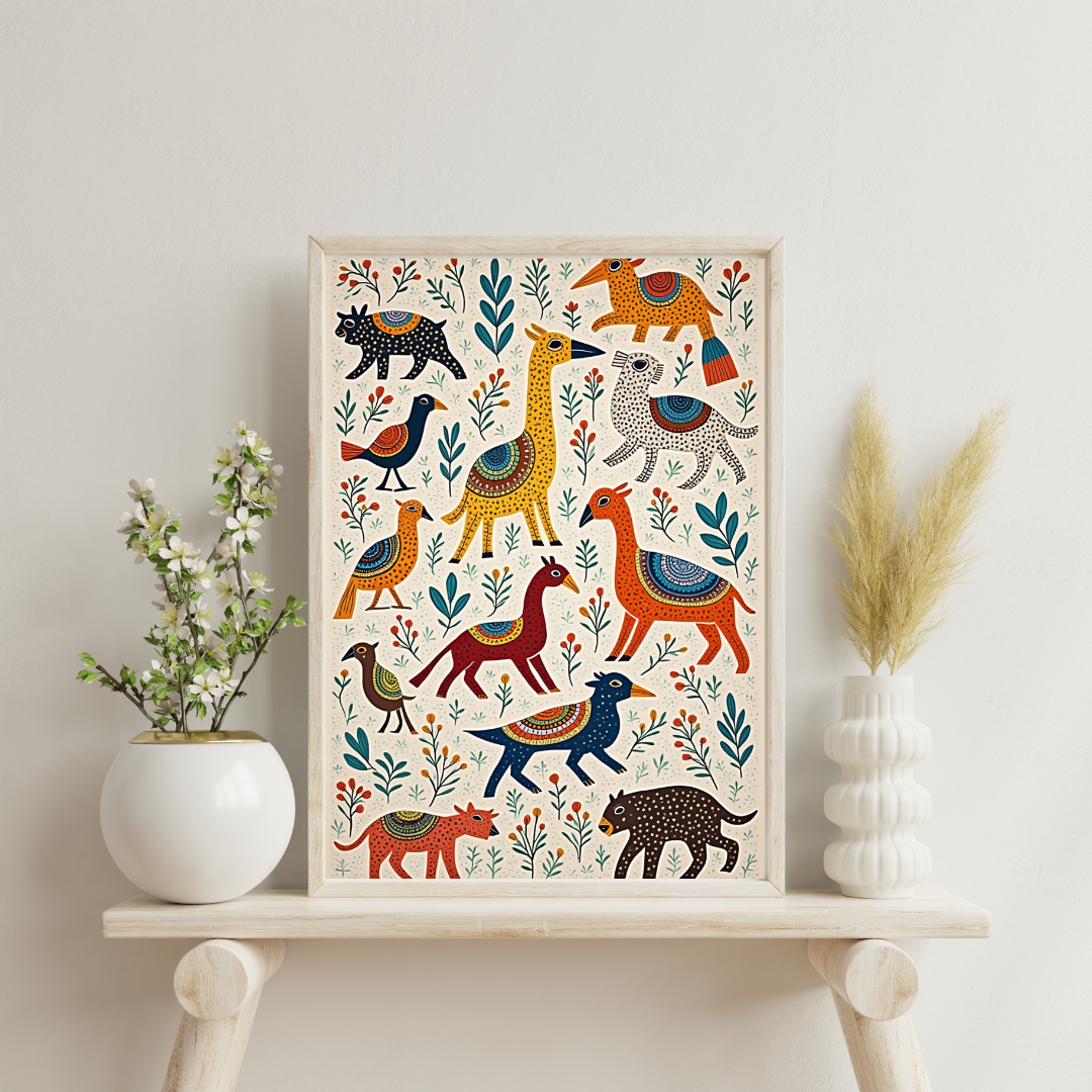 Whimsical Folk Animals Framed Poster | Handcrafted-Inspired Wall Art by Chilekotha