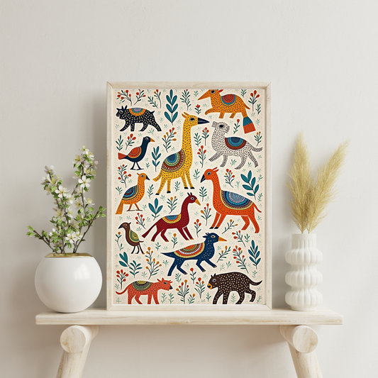 Whimsical Folk Animals Framed Poster | Handcrafted-Inspired Wall Art by Chilekotha