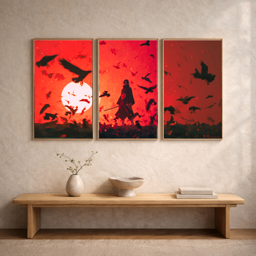 Crimson Eclipse – Shadow Warrior Triptych Framed Poster | Cinematic Anime-Style Wall Art (3-Panel Set)