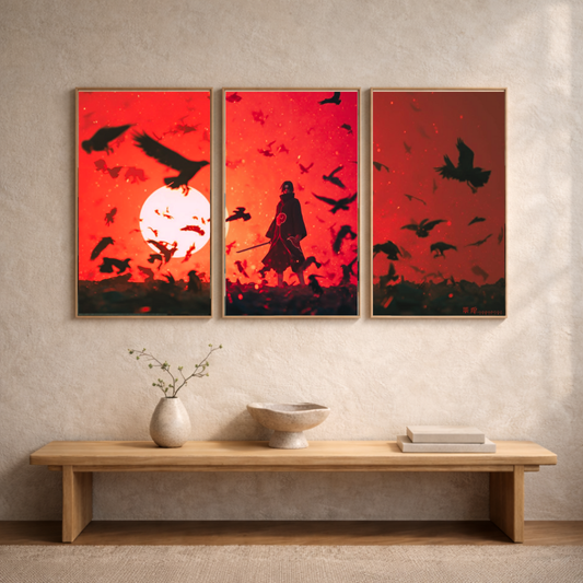 Crimson Eclipse – Shadow Warrior Triptych Framed Poster | Cinematic Anime-Style Wall Art (3-Panel Set)