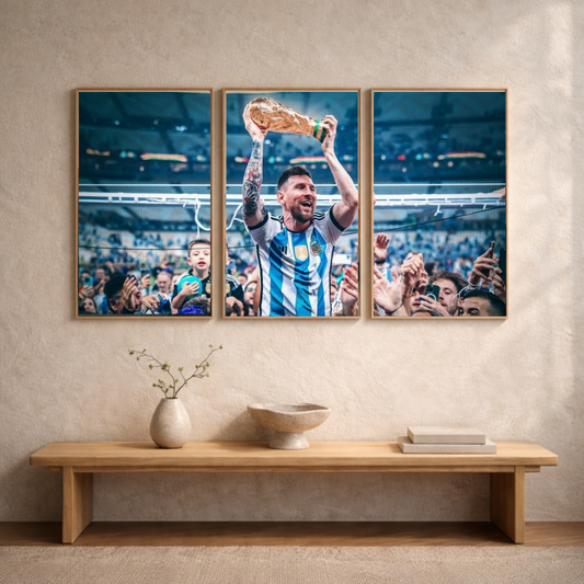 Lionel Messi “World Champion Glory” Triptych Framed Poster – Iconic Football Wall Art (3-Panel Set)