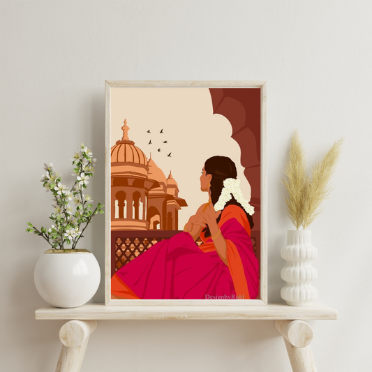Heritage Reverie Framed Poster | Indian Woman & Palace Art by Chilekotha
