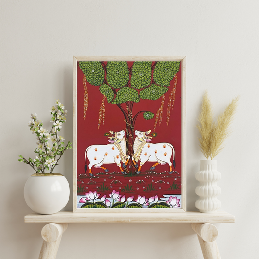 Sacred Cows Under the Tree of Life Framed Poster | Indian Folk Art Wall Décor by Chilekotha