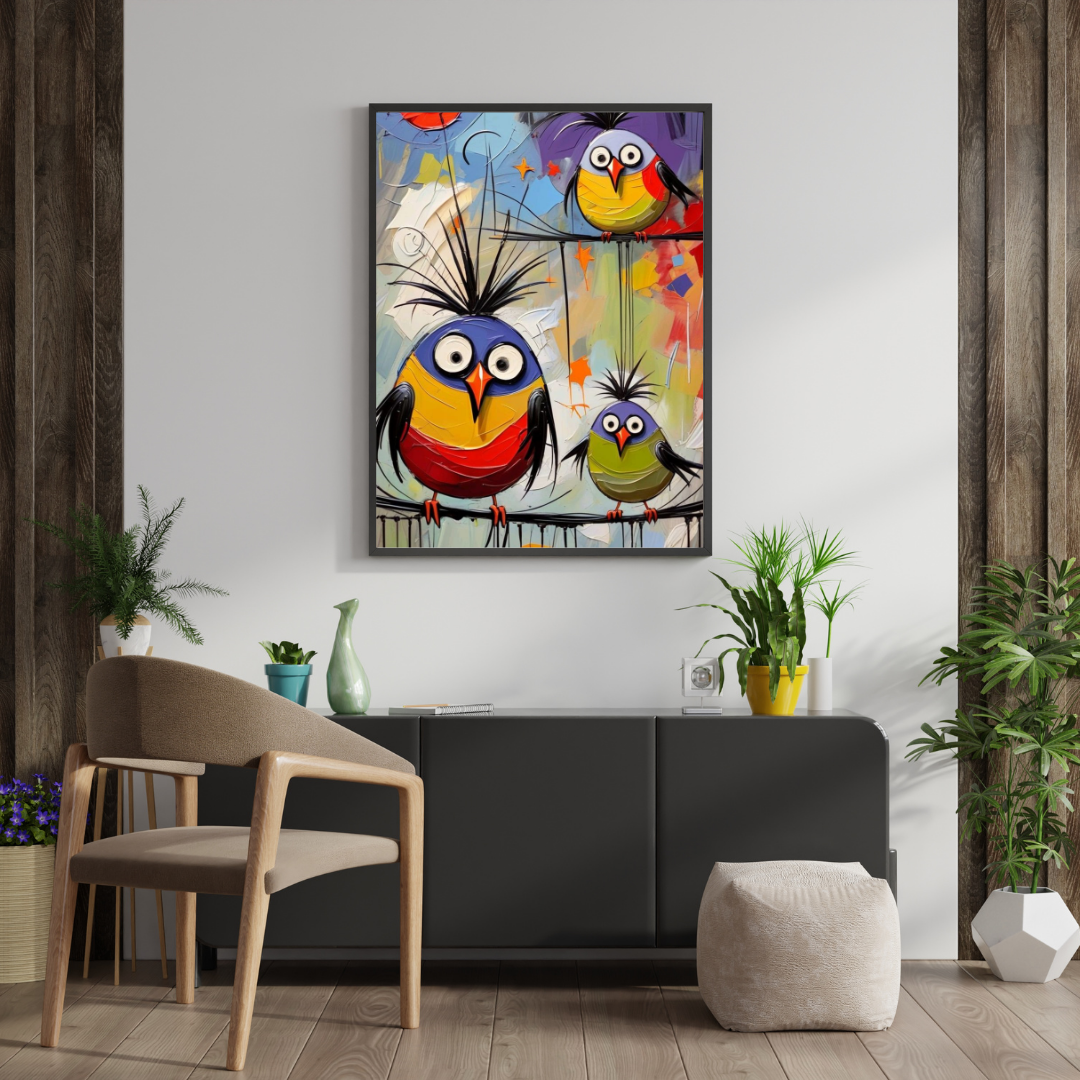 Whimsical Bird Trio Wall Poster – Playful Abstract Colorful Art for Happy Spaces | Chilekotha